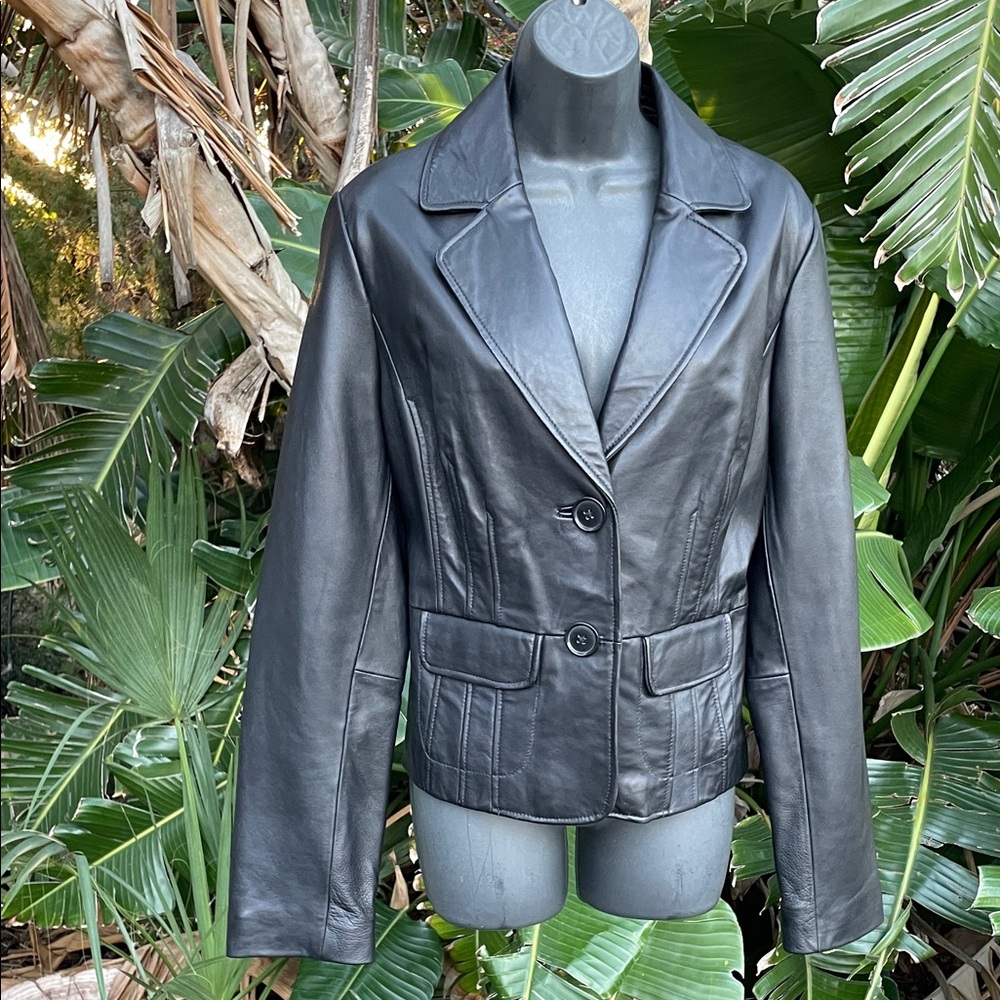 International concepts, genuine, leather fitted jacket with peplum